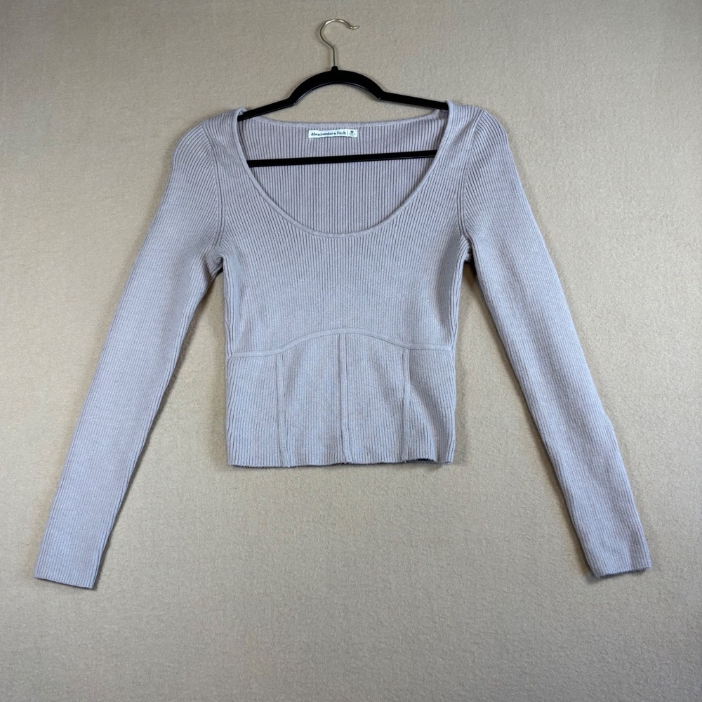 Abercrombie & Fitch Taupe Ribbed Long Sleeve Scoop Neck Corset Seam Top Medium